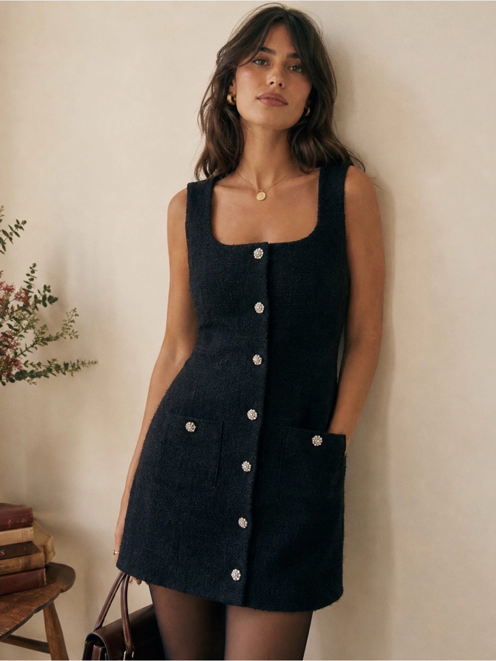 J. Crew Black Wool blend Mini Dress with silver Button Accents 12